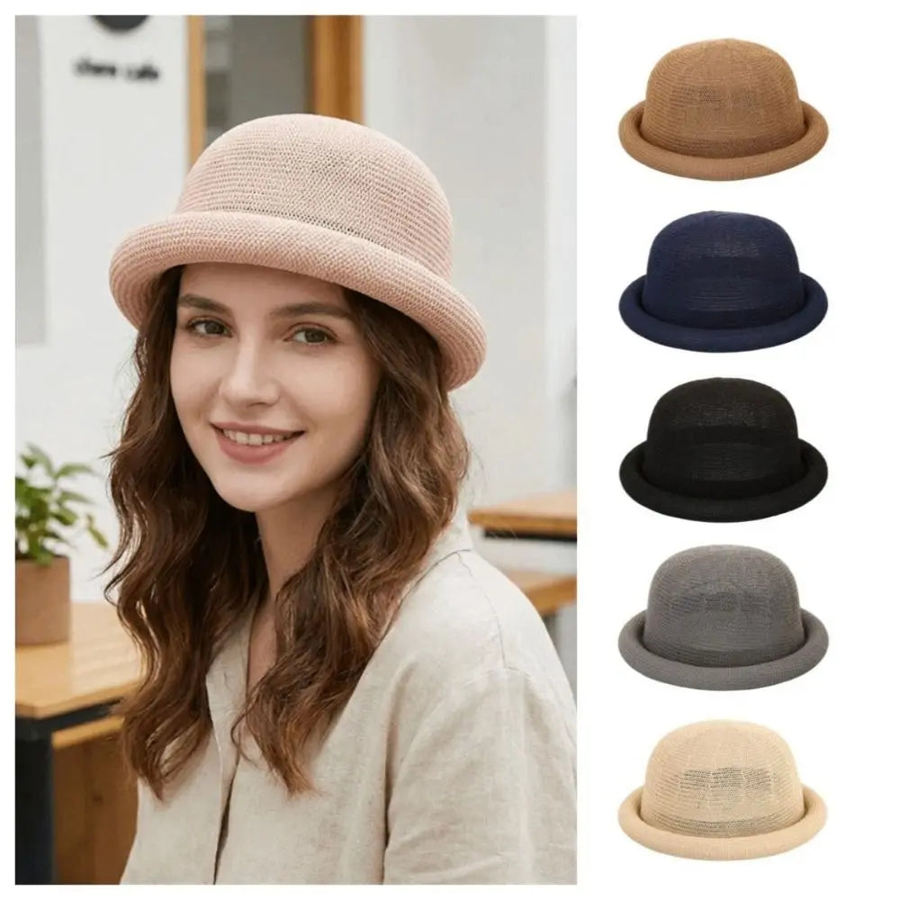 Casual Solid Bucket Hat Cotton Linen Rolled-brimmed Fedora Breathable Qme
