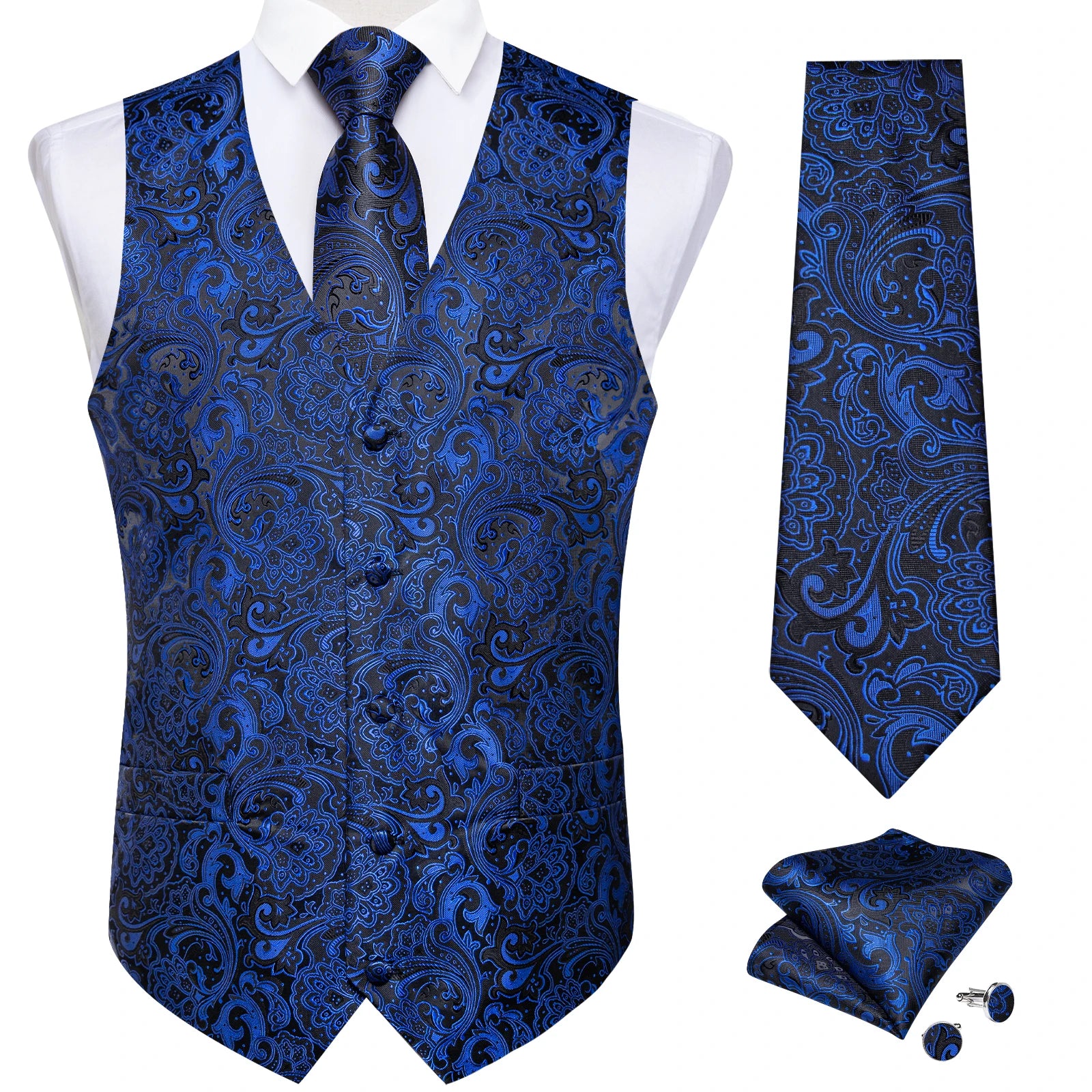 Men's Paisley Suit Vest Tie Formal Waistcoat Necktie Pocket Square Qme MJTZ0170 XXXL