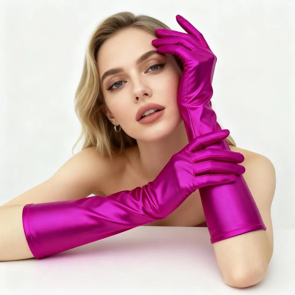 Simple Solid Color Patent Leather Gloves Elastic Shiny Long Gloves Sun Protection Lolita Women Mittens Halloween Cosplay Qme