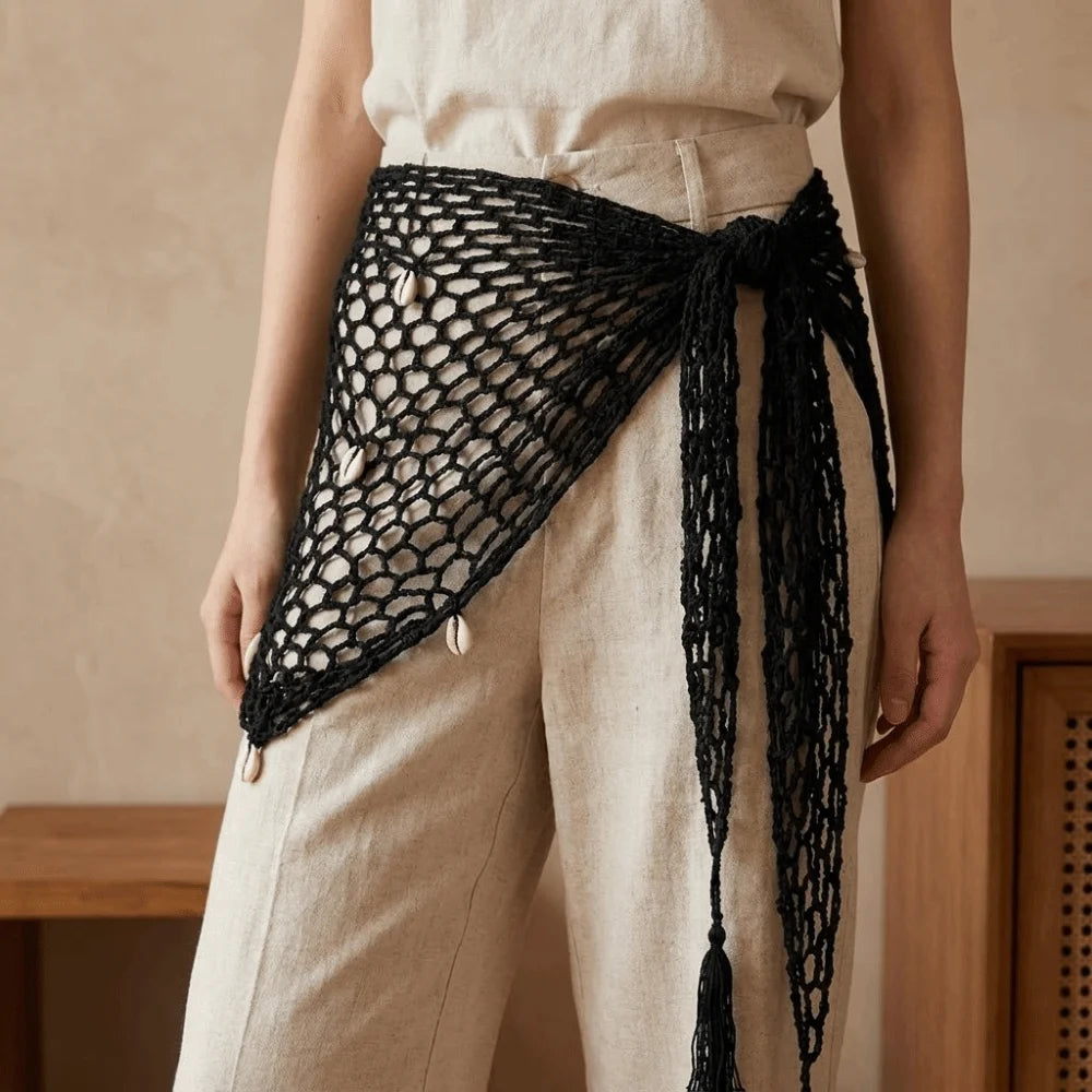 Boho Solid Triangle Hip Scarf Shell Mesh Crochet Short Skirt Wrap Qme