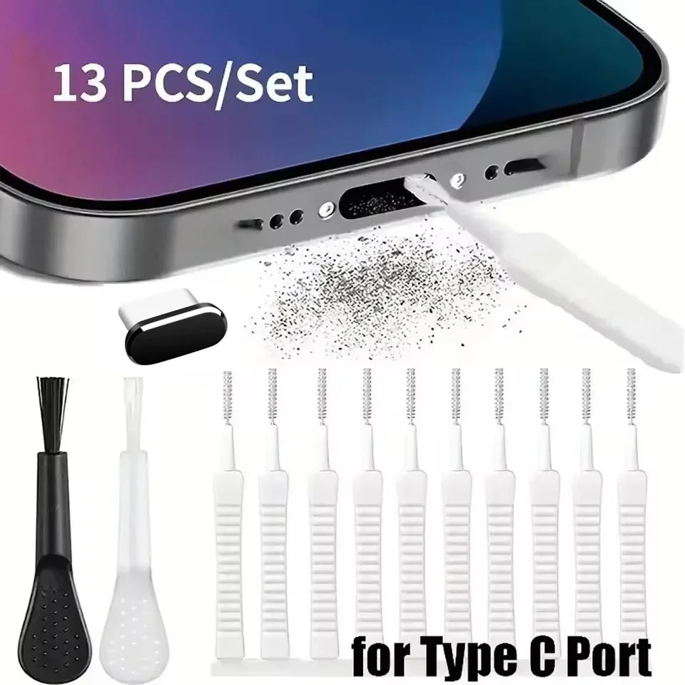 13/10PCS Cell Phone Charging Port Dust Plug with Cleaning Brush for iPhone 14 Pro Max Samsung Xiaomi iOS Type C Cleaner Set Qme 13PCS Set For Type C