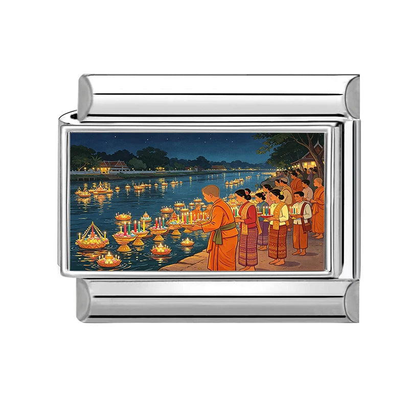 Floating Water Lanterns offer sacrifices Buddhist Lent Charms Italian Links Fit 9mm Bracelet Stainless Steel DIY Making Jewelrys Qme Style 14