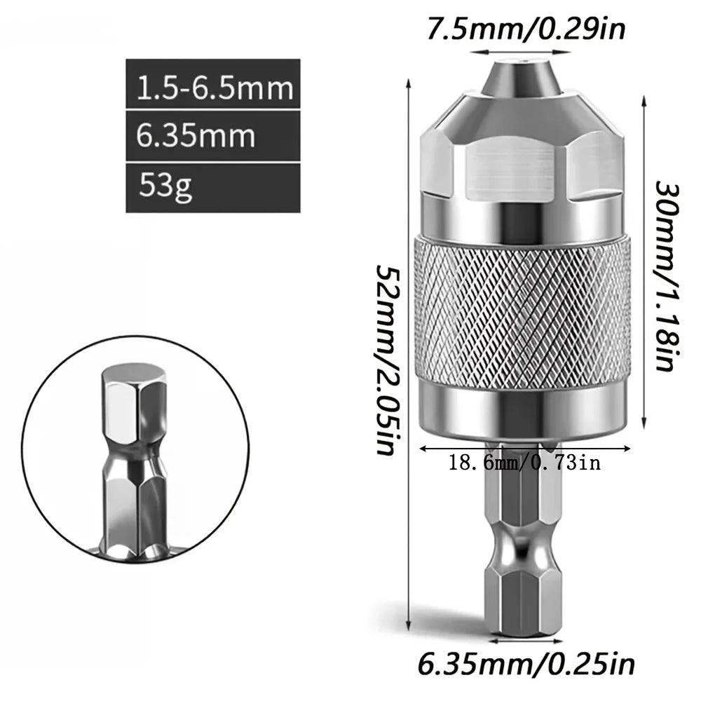 1pc 1.5~6.5mm Mini Keyless Drill Chuck, Quick-Change Drill Chuck, Professional Hex Handle Three-Jaw Metal Chuck Adapter Fixture Qme