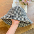 Stylish Black Bowknot Plaid Bucket Hat Casual Gingham Check Wide Brim Sun Hat Dome Basin Versatile Fisherman Hat Vacation Qme Black