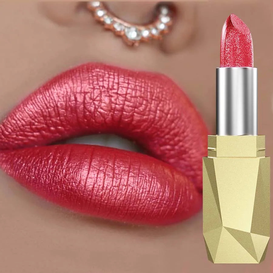 Red Metallic Lipstick Longlasting Glitter Lip Glaze Waterproof Lips Qme 108
