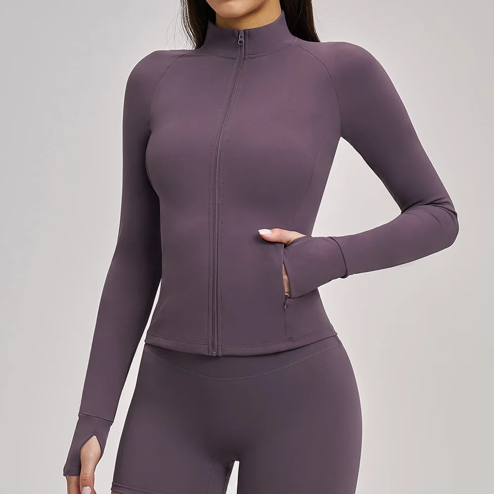 A Summer Ultra-Soft Fabrics Tight Sports Jackets Women Zipper Gym Yoga Clothes Female Quick-Dry Long Sleeve Sportswear Qme eggplant purple M