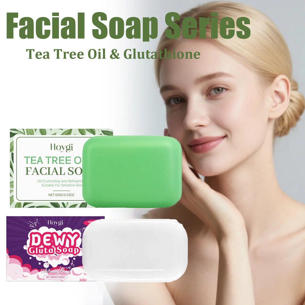 Facial Soap Series Tea Tree Oil & Glutathione Oil Control Brightening Smoothing Gentle Cleansing Bar for Face & Body Daily Care Qme
