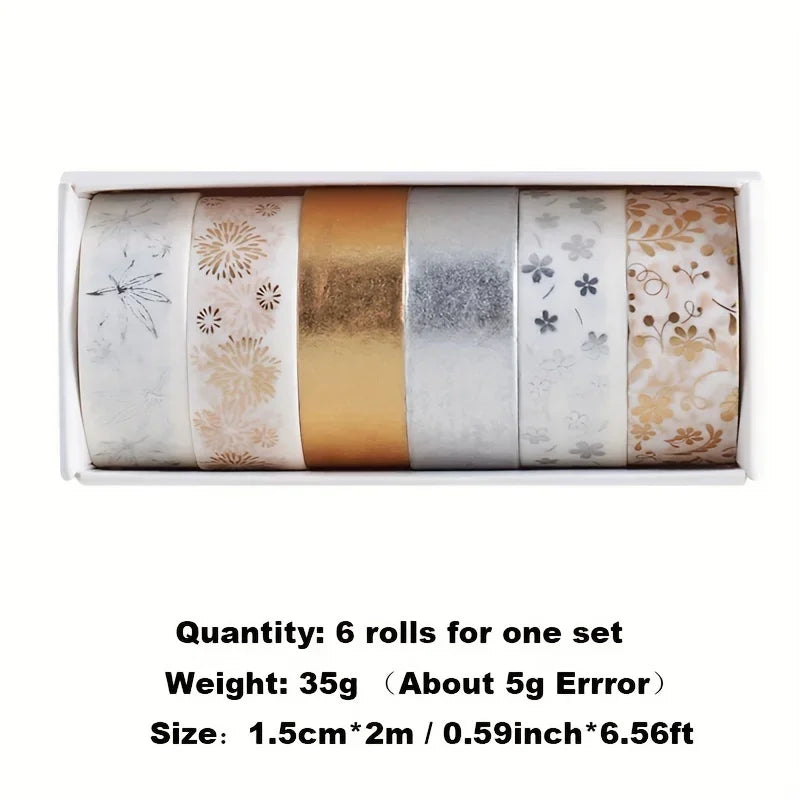6-Piece Flower Plant Gold Foil Washi Tape Set - Add a Touch of Elegance to Your Crafts! Qme