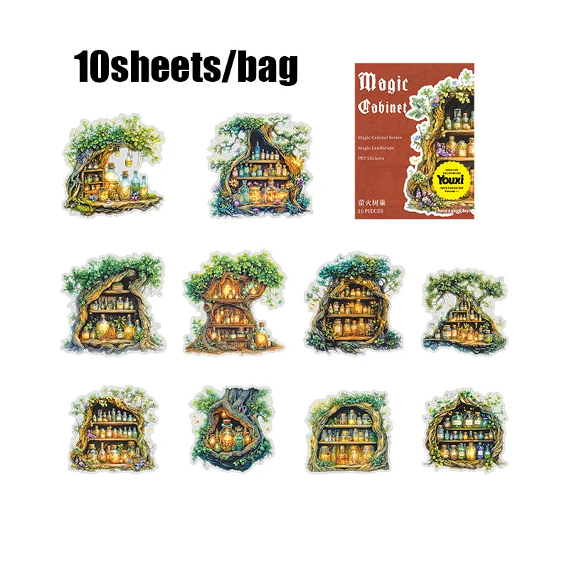 10 Sheets/bag Magic Cabinet PET Stickers for Scrapbooking DIY Journal Planner Collage Art Phone Case Notebook Decoration Qme 6