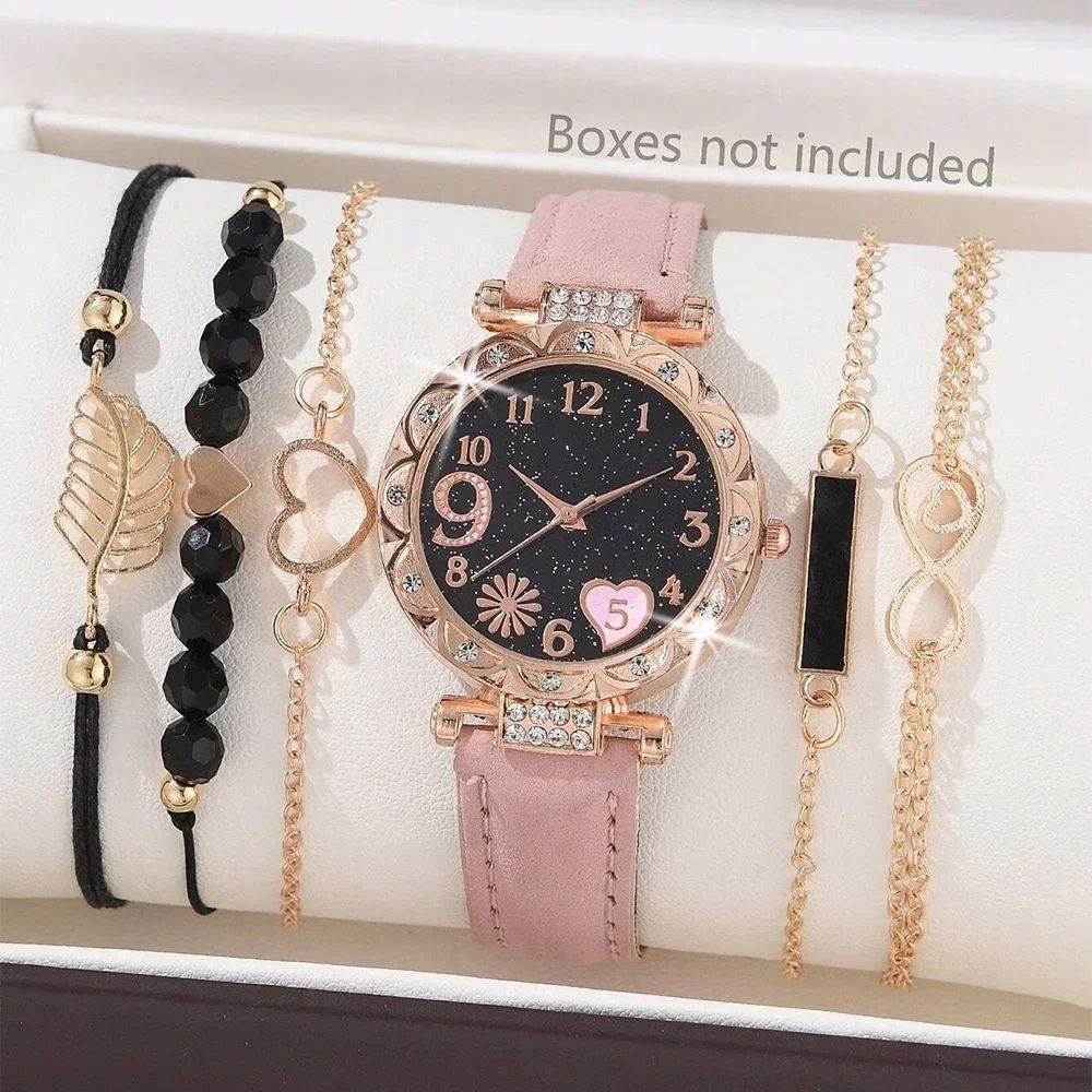 Conjunto de relógio de pulso analógico de couro feminino, pulseira de quartzo feminino, moda feminina, 6pcs Qme Boxes not included 1