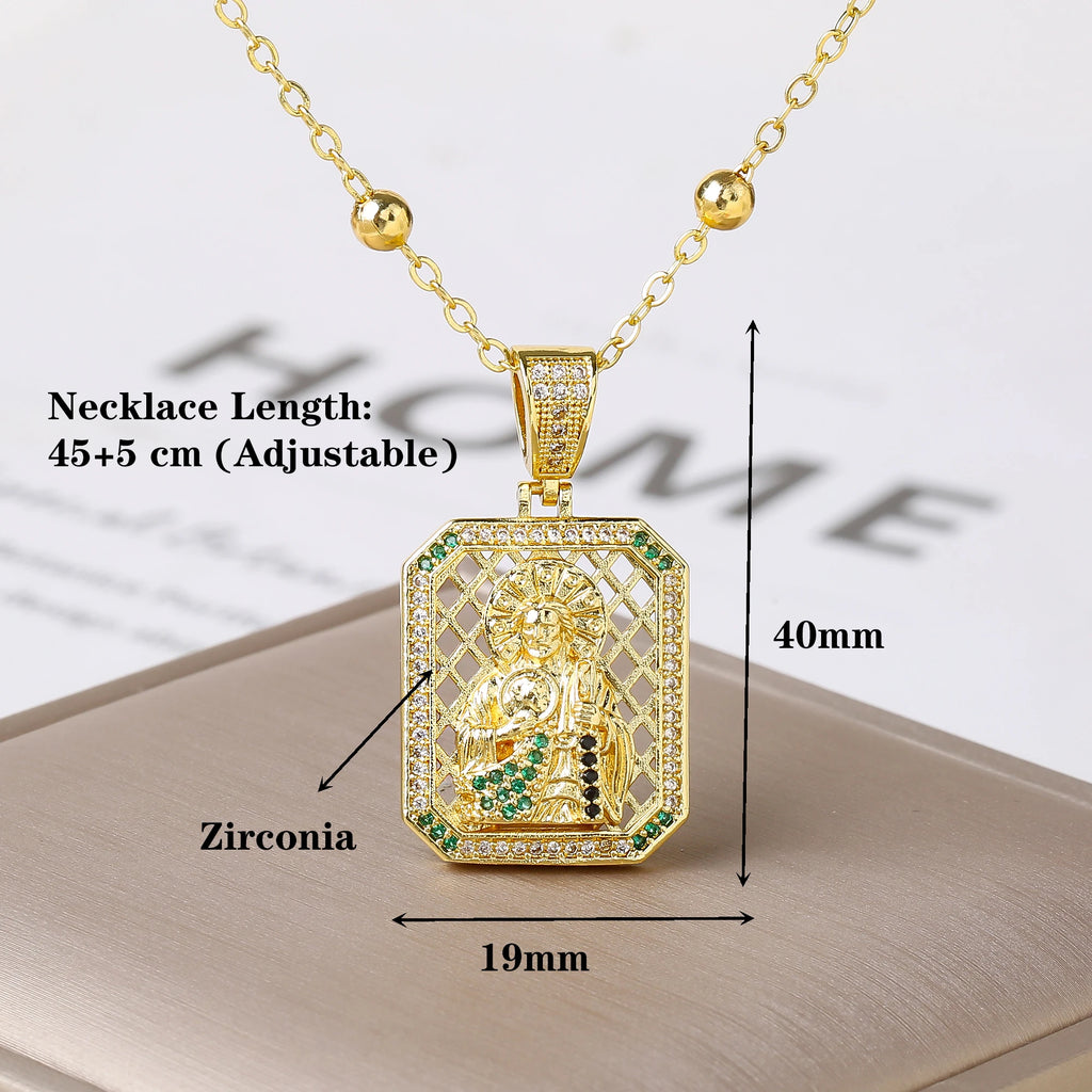 Square Hollow Virgen De Guadalupe Multicolor Zircon Pendant Necklace Catholic Religious Protection Jewelry For Women Daily Wear Qme