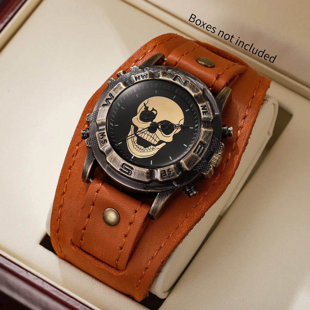 Vintage Skull Men Watch Wide Leather Strap Compass Bezel Punk Style Large Dial Quartz Wrist Watch for Male Qme Orange No Box