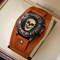 Vintage Skull Men Watch Wide Leather Strap Compass Bezel Punk Style Large Dial Quartz Wrist Watch for Male Qme Orange No Box