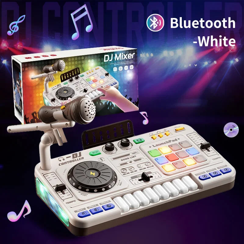 Kids Simulation DJ Mixer Controller Toys Multifunctional Music Effects Electronic Piano Keyboard Learning Birthday Gift Boy Girl Qme White with bluetooth