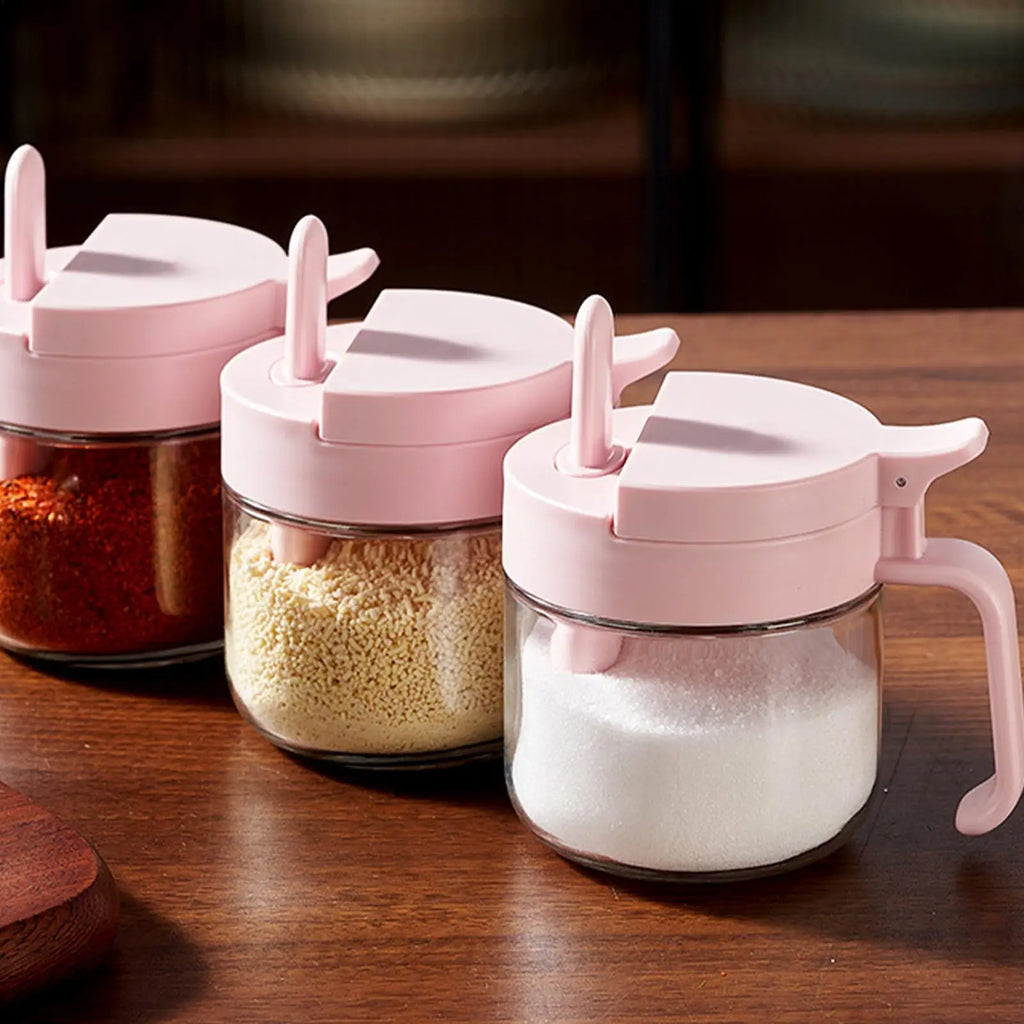 Seasoning Container with Spoon Condiment Glass Storage Seasoning Box with Lid for Kitchen Countertop Pantry Cabinet Home Camping Qme