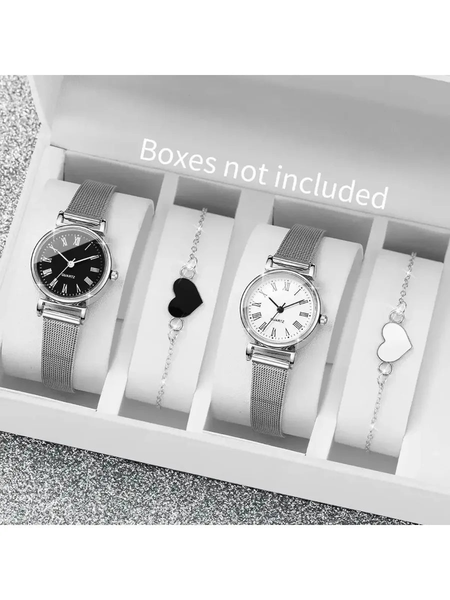 4PCS Fashion Roma Dial Quartz Watch Casual Mesh Strap Women Watches Bracelet Set Reloj Mujer（Without Box） Qme 4PCS No