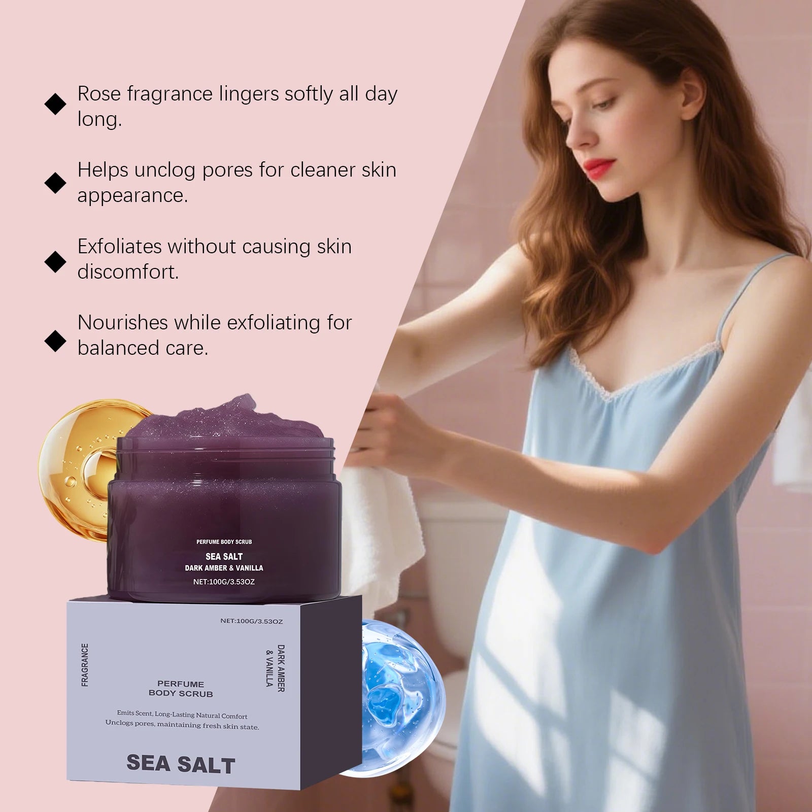 Perfume Body Scrub Hydrating Smoothing Skin Natural Exfoliating Salt Rose Coral Amber Vanilla Scent Moisturizing Cleansing Skin Qme