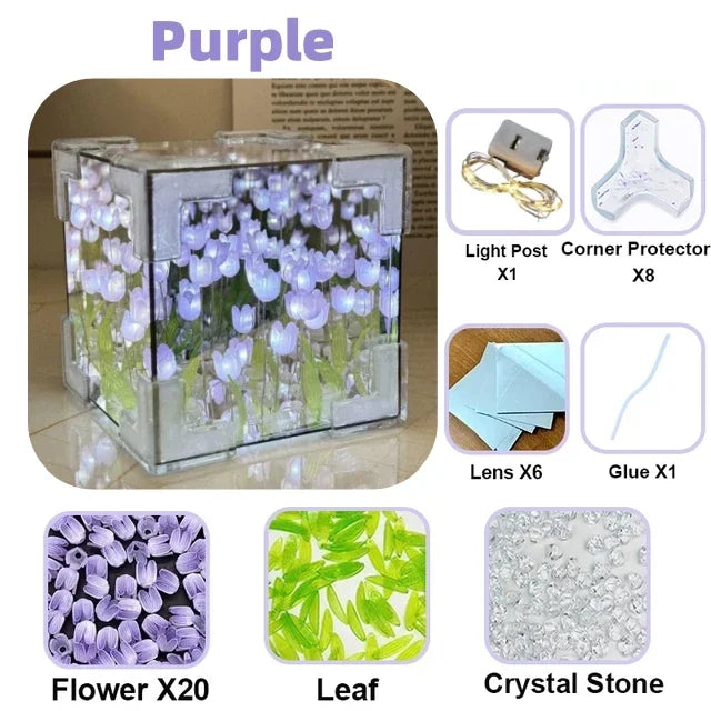 DIY Tulip Mirror Cube Lamp Simulation Flower Bedroom Sleeping Table Qme PURPLE 20 Tulips 8cmx8cm