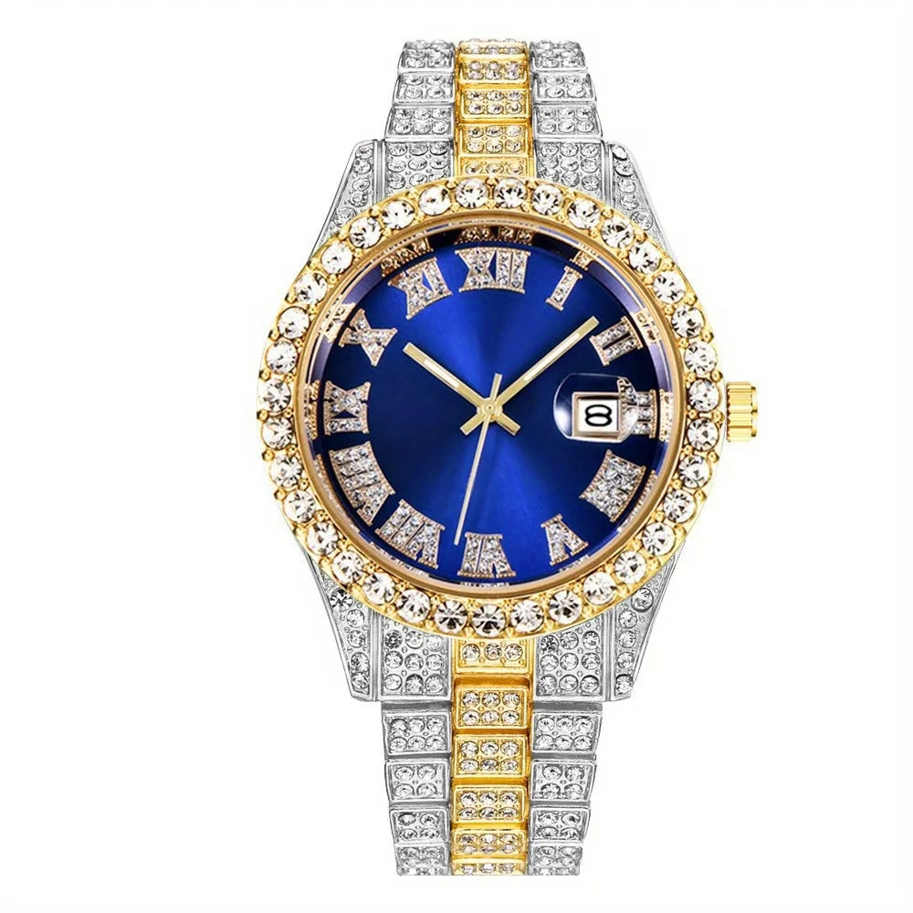 Mens Hip Hop Watch VintagInspired Retro Quartz Timepiece with Oversized Rhinestone Dial and Durable Stainless Steel Band for Men Qme Golden And Blue