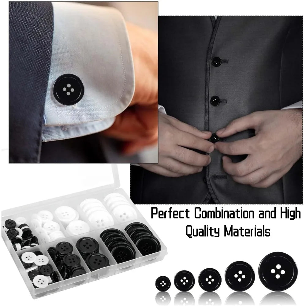 160PCS Round Resin Sewing Button 4 Holes Craft DIY Garment Sewing Button Mixed 5 Sizes Black and White Button Sewing Accessories Qme