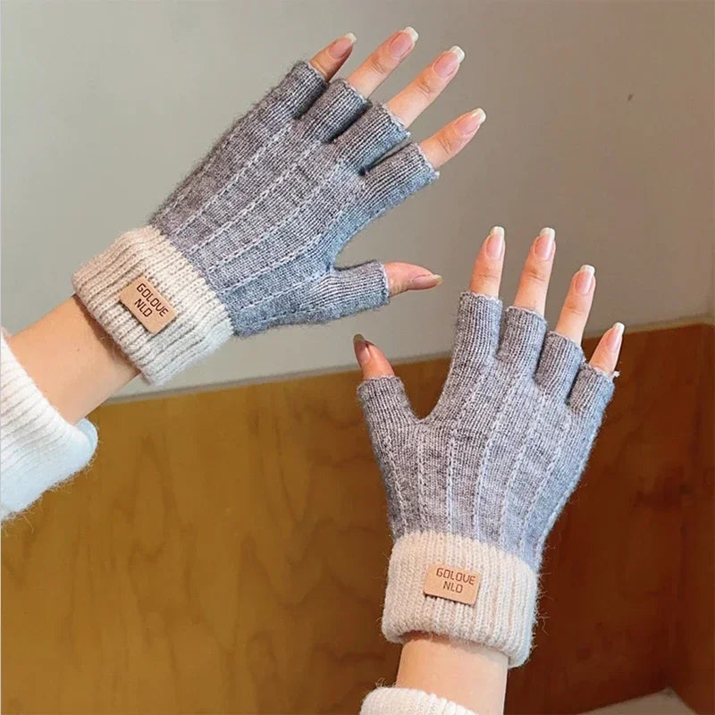 2024 Men Winter Fingerless Half Finger Knitted Gloves Office Warm Qme