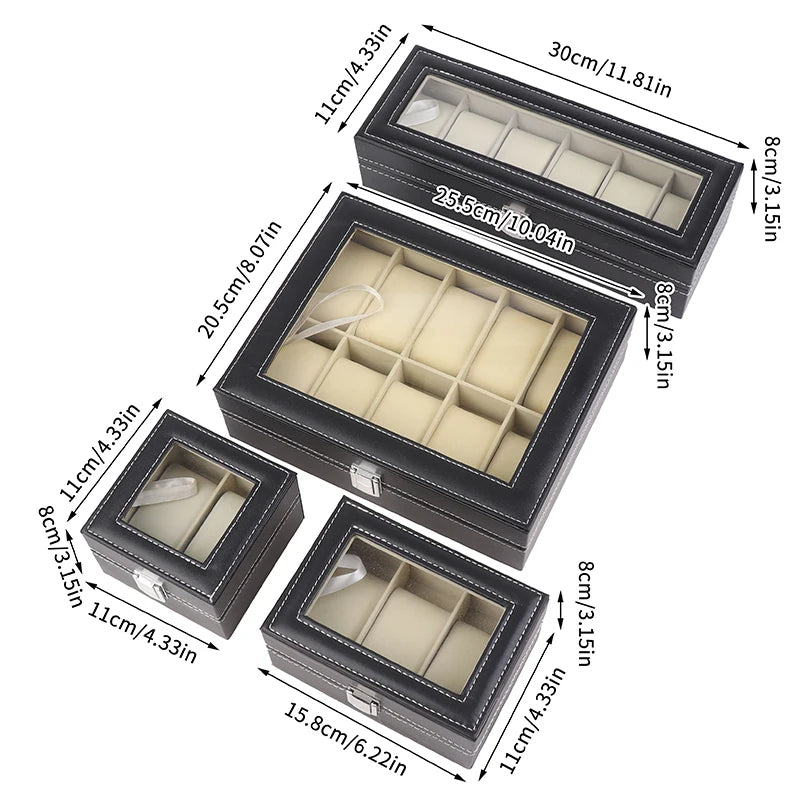 1Pc Black PU Leather Watch Box Display Case Organizer With Framed Glass Lid And Removable Pillow For Men And Women Qme