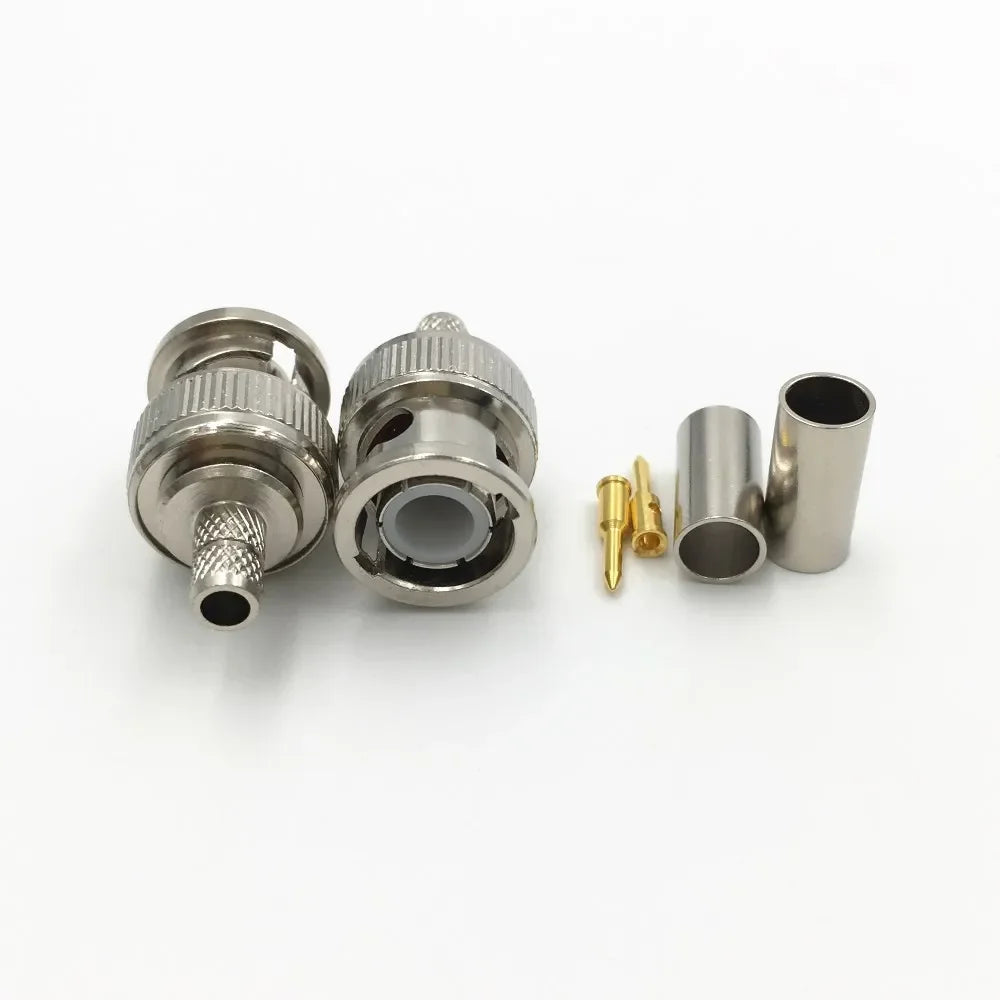 ESCAM 10Pcs Brass 3 in 1 BNC Male Q9 Crimp RG58 RG142 RG400 LMR195 RF Coax Cable Straight Connector for CCTV Cameras Qme