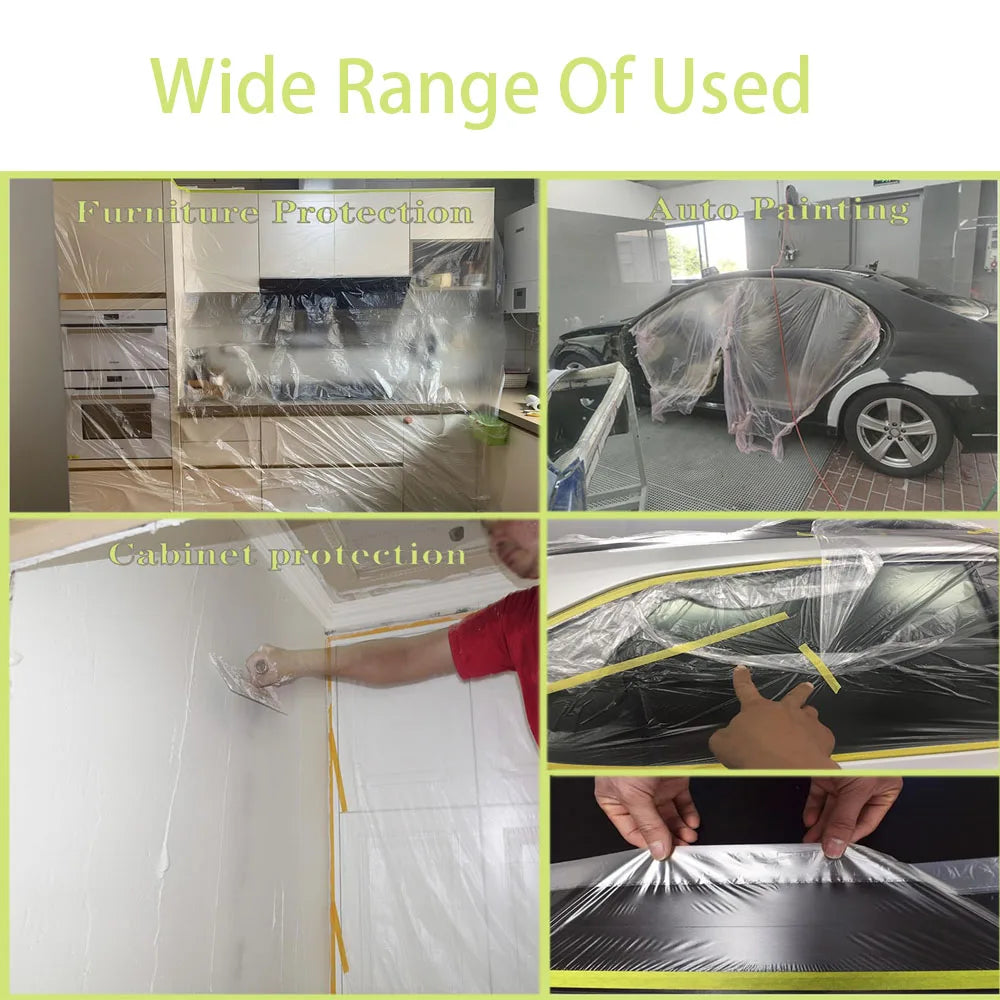 Pre-Taped Masking Film Drop and Cloth Plastic Cover Sheets Transparent Floor Carpet Protector for Furniture Car Painting Qme