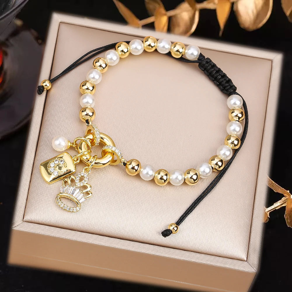 Venezuela Flag Cross Black Rope Braided Pearl Bracelet for Man Woman Party Wedding Crown Zirconia Jewelry Daily Wear Qme C