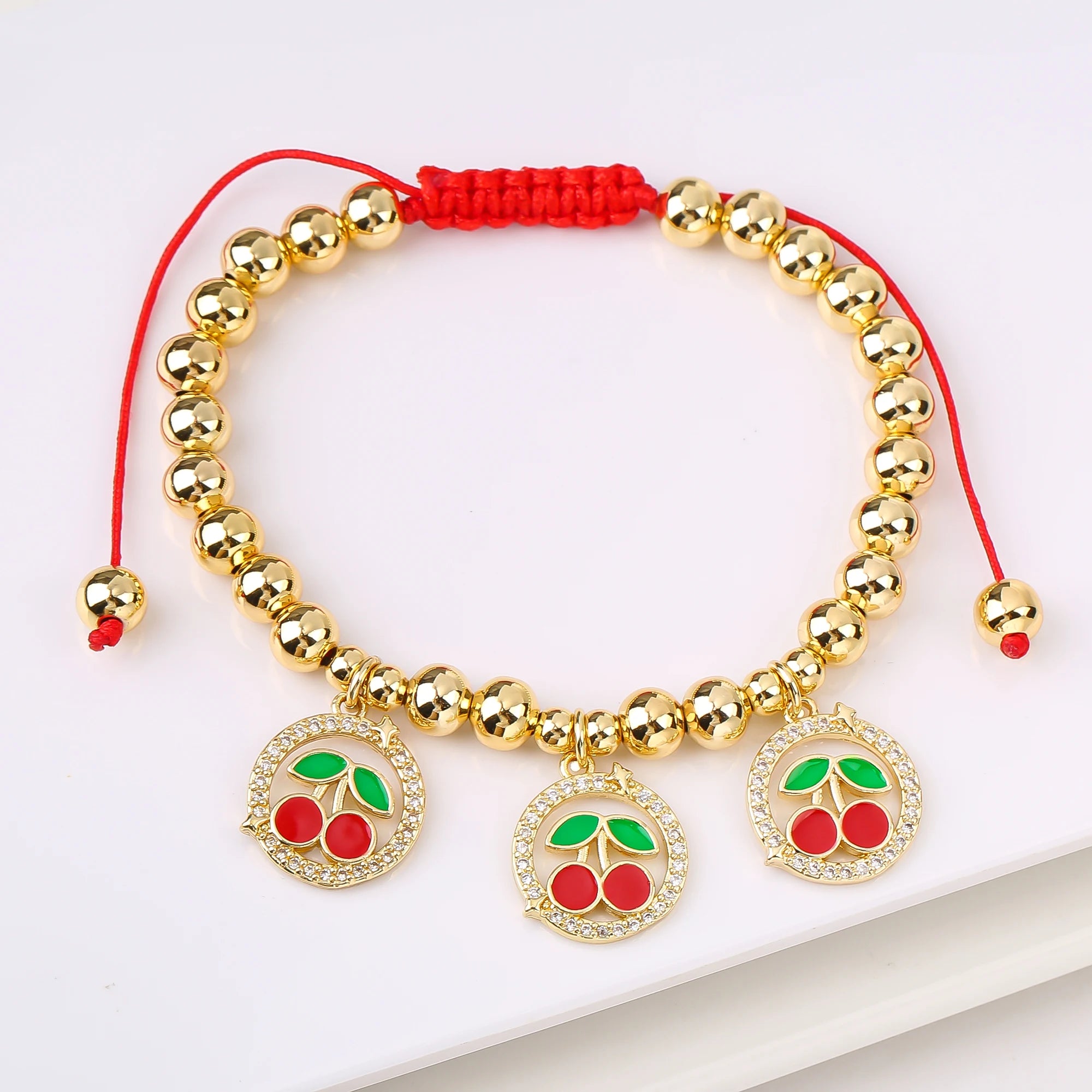 Gold-Plated Copper Bead Chain Braid Crystal Red Cherry Bracelet for Woman Female Daily Party Wrist Jewelry Friendship Gift Qme 2