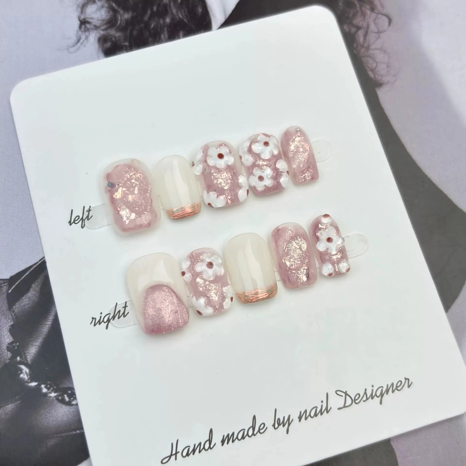 High-end Handmade Diamonds Chic Pink Flower Press Nails Sweet Cat Eye Qme GJ-CDJ-ZB201-S