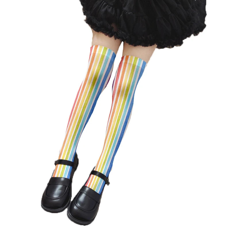 Fun Rainbow Striped Stockings Women's Sexy Fashion Multicolor Thigh Qme style10 One Size