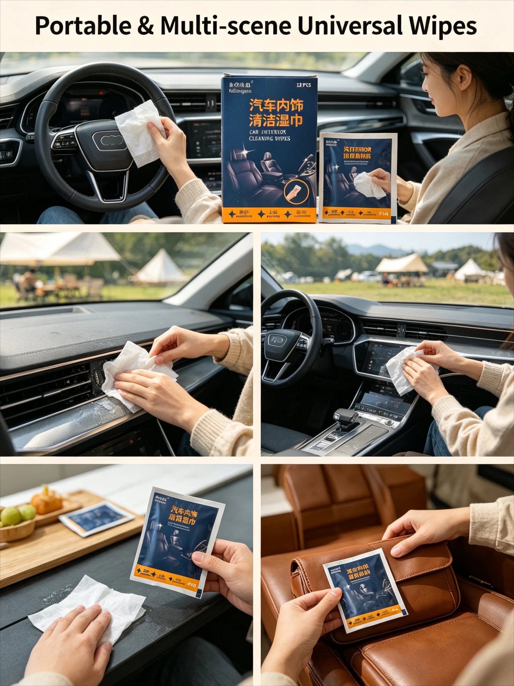Specialized cleaning wipes for car interiors, gentle formula, does not damage leather or plastic, quickly removes dust. Qme