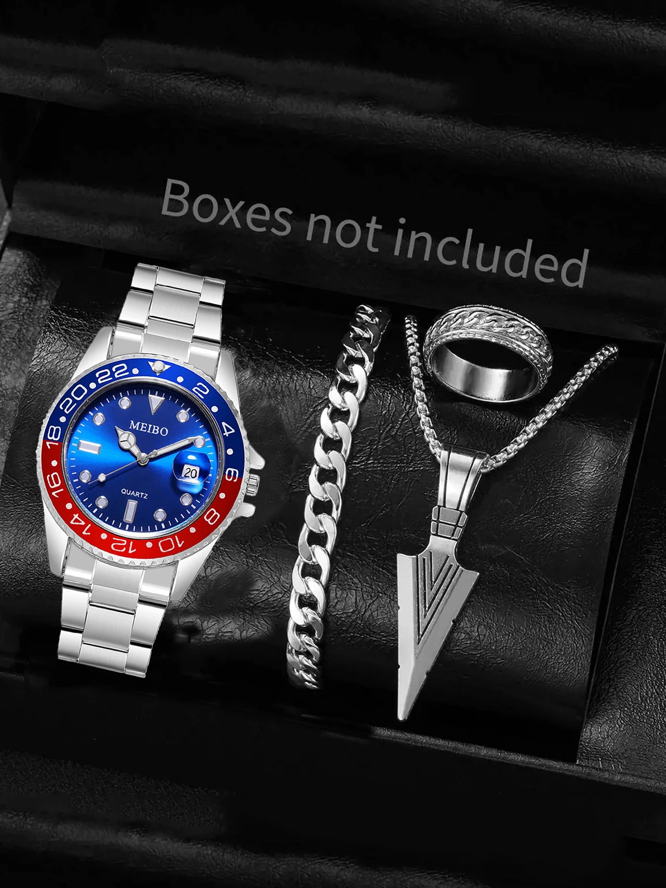 1pcs Student Watch Men's Business Quartz Watch+1pcs Bracelet 1pcs Necklace 1pcs Ring Qme Silver Red Blue Set