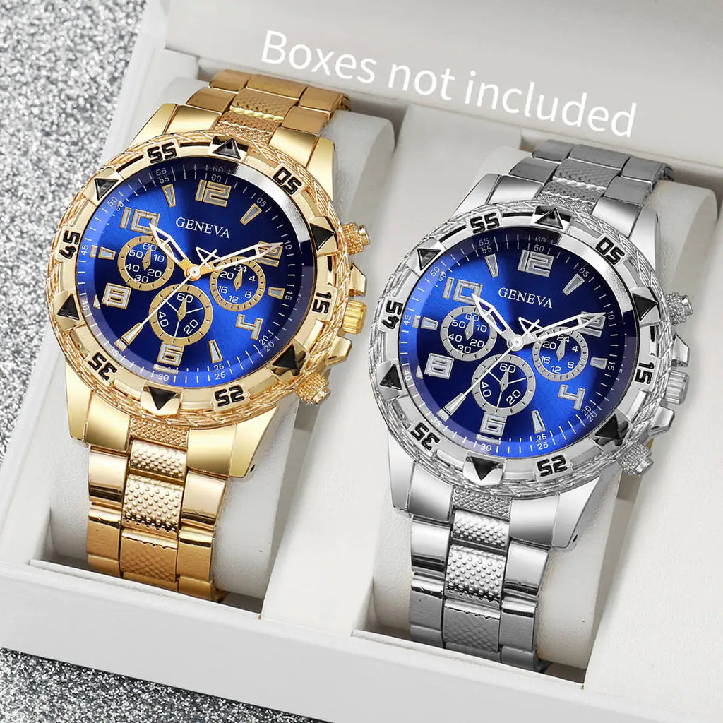 2PCS Large dial men's steel strap watch, fashionable business white light glass digital quartz watch Qme A Without Box