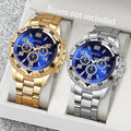 2PCS Large dial men's steel strap watch, fashionable business white light glass digital quartz watch Qme A Without Box
