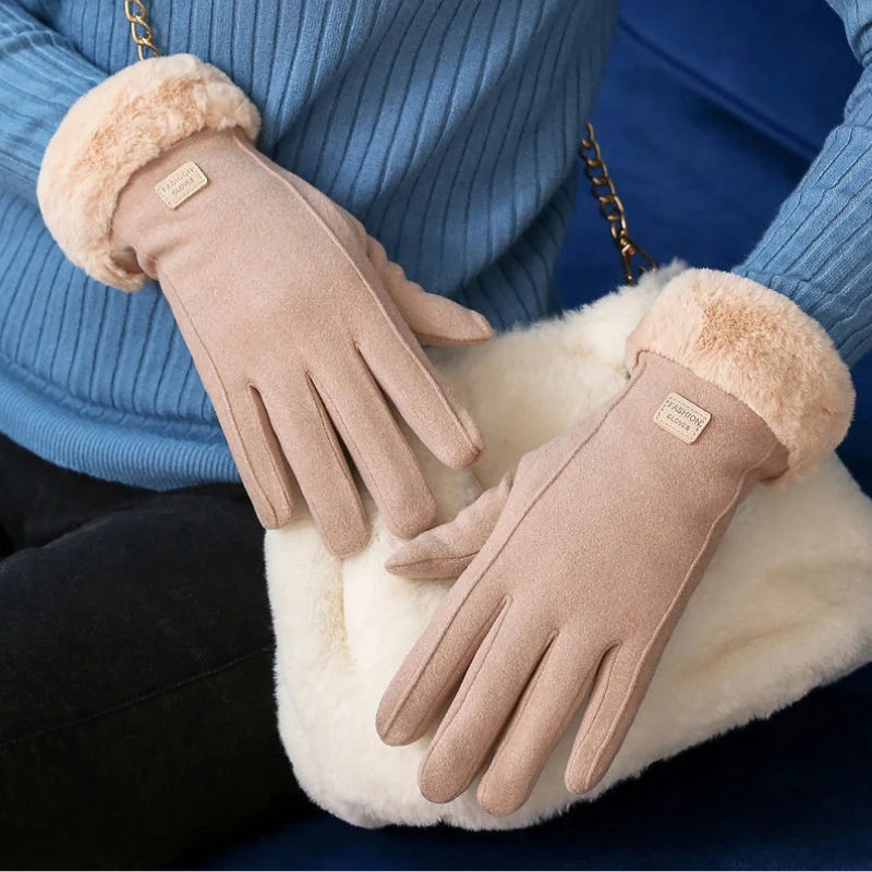 Autumn Winter Warm Suede Gloves Velvet Thickened Plush Decor Cuff Qme