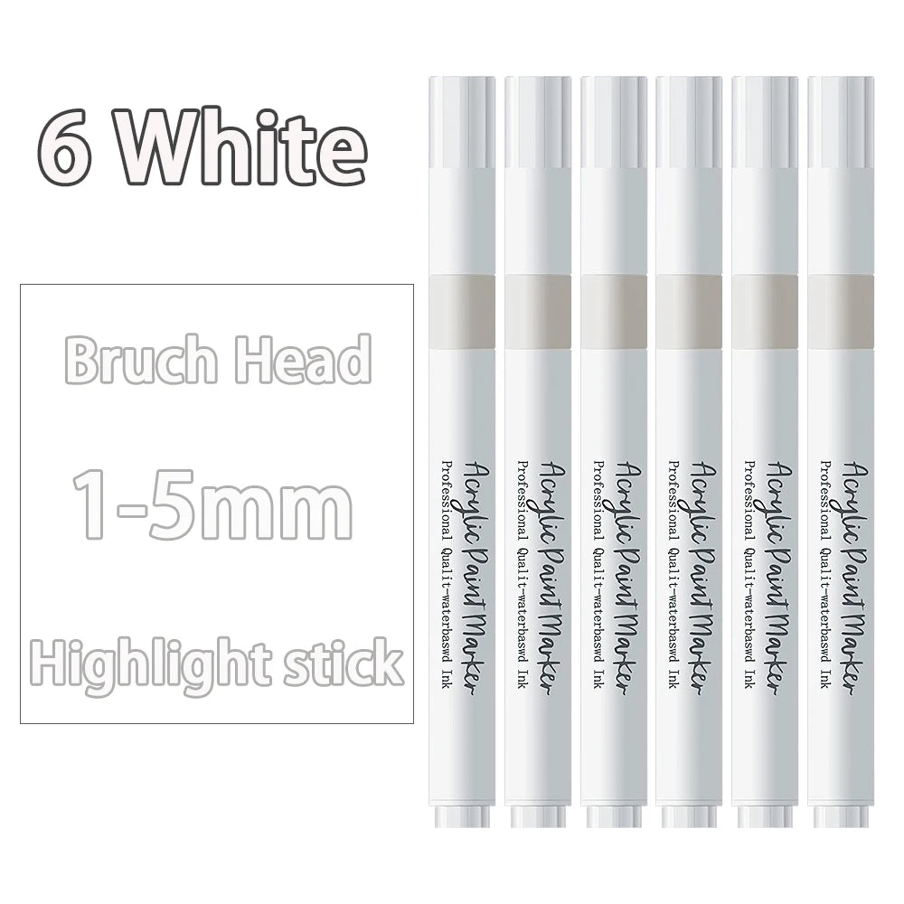 2-6 Pack White Brush Tip Acrylic Marker 1-5mm Fine Point Art Marker Pen for Drawing Highlight Fine Details DIY Craft Supplies Qme 6 White