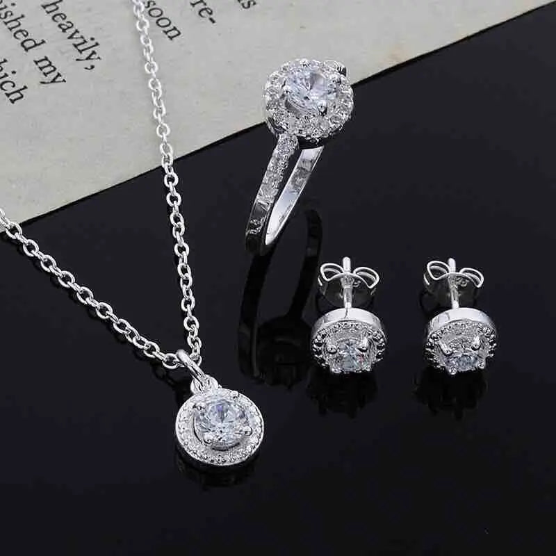 Bridal Jewelry Sets Cubic Zircon Necklace Earrings Ring Gift for Women Pure 925 Sterling Silver Color Birthday Valentines Xmas Qme