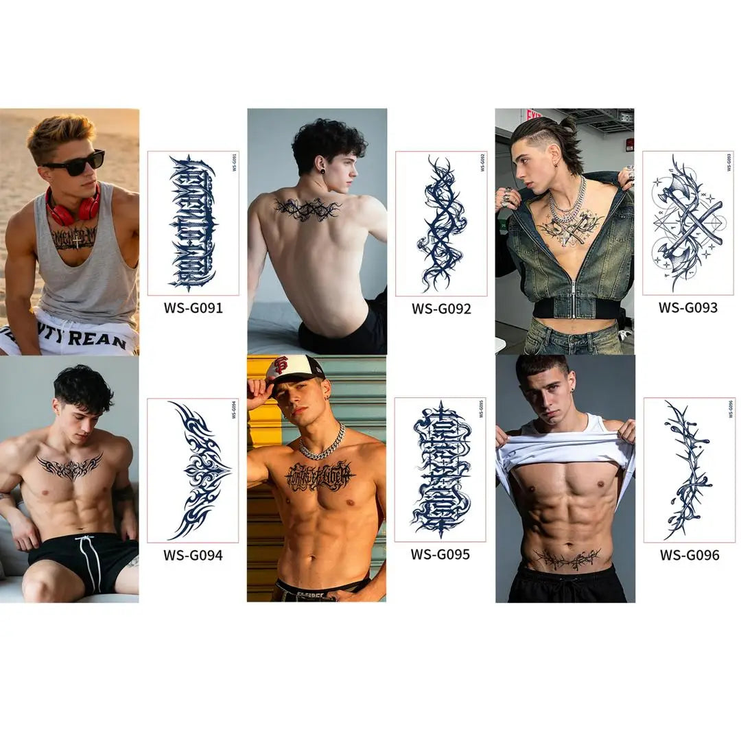 A Long Lasting Cyan Thorn Fake Tattoo Stickers 4/6/9Pcs, Non-Reflective Waterproof Temporary Decals for Belly Chest Back Waist Qme 6pcs WS-G091G096