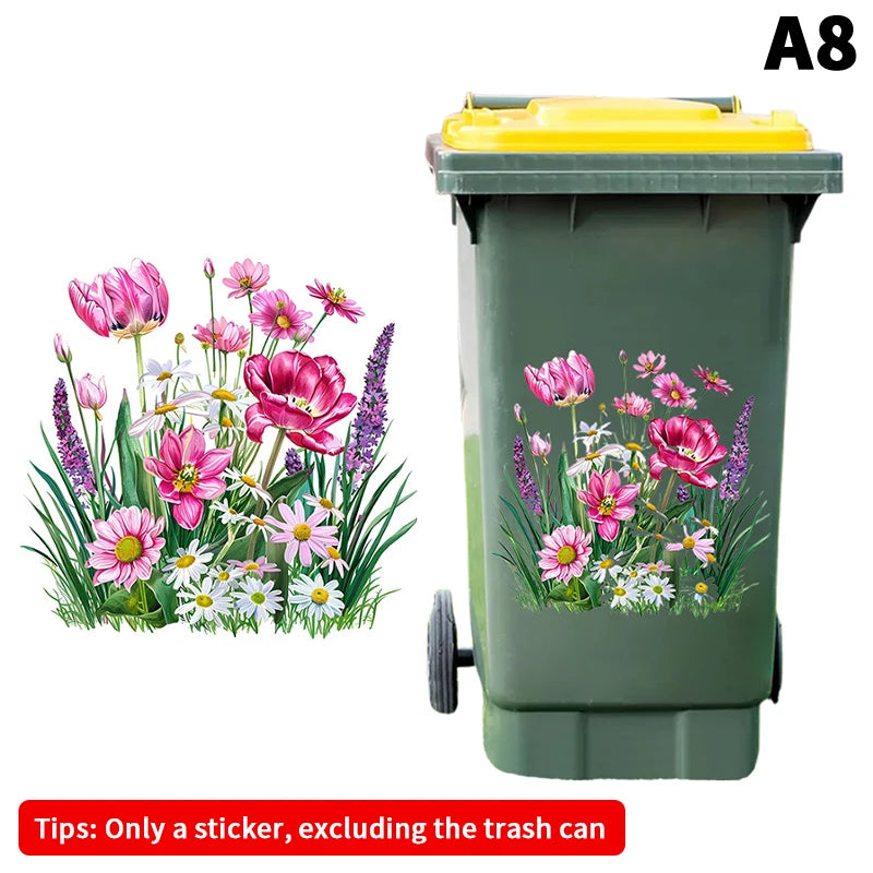 Trash Can Stickers Floral Wheel Self-adhesive Waterproof PVC Decals Qme A8