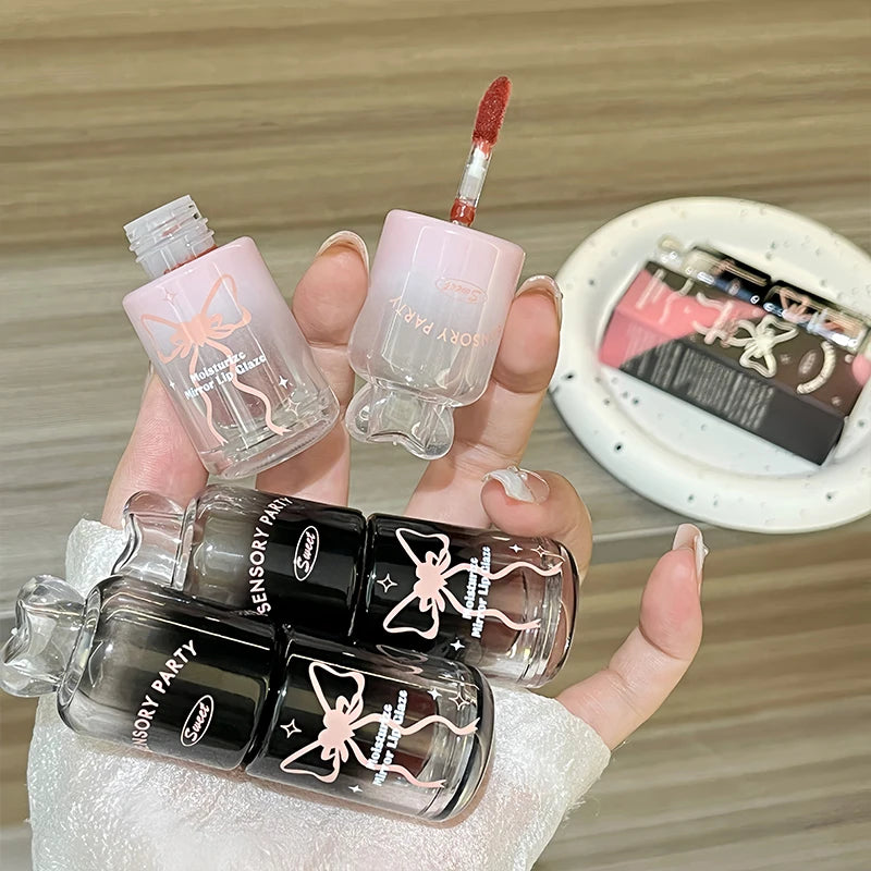 Bowknot Black Pink Mirror Lip Gloss Non-cup Staining Long-lasting Qme