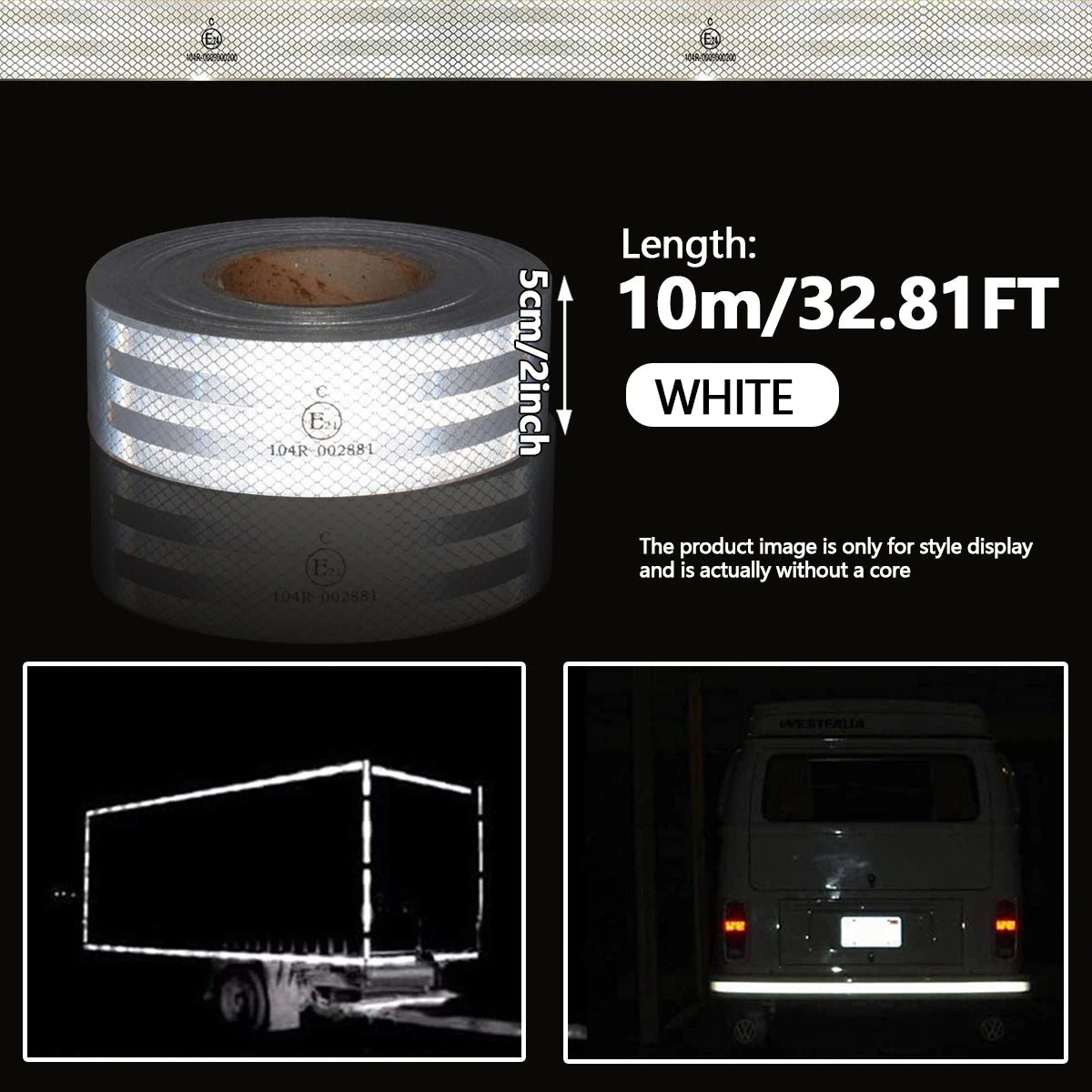 32.8FT 104R Reflective Safety Tape Reflective Tape Sticker Safety Mark Self-adhesive Warning Strip Retro-reflective Sheeting Qme White 10m