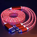 2pcs 3 in 1 Fast Charging Cable for Type C Lightning Android Universal Mobile Phones with Flowing Light Qme Red