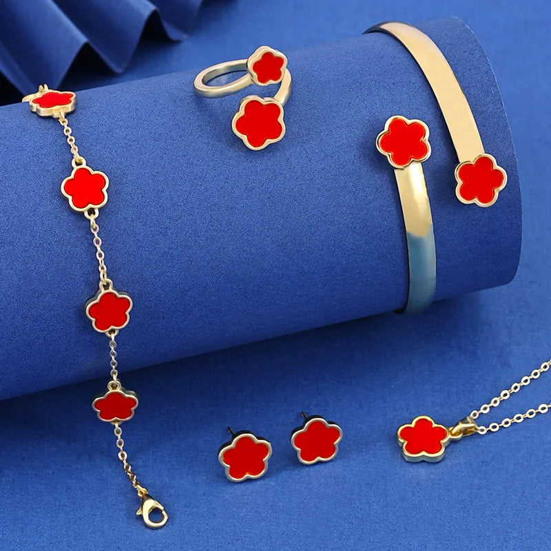 5PCS Five Leaf Flower Jewelry Set Bracelet Necklace Earrings Ring Bangle Classic for Woman Girl Party Brand Jewelry Gift Clover Qme