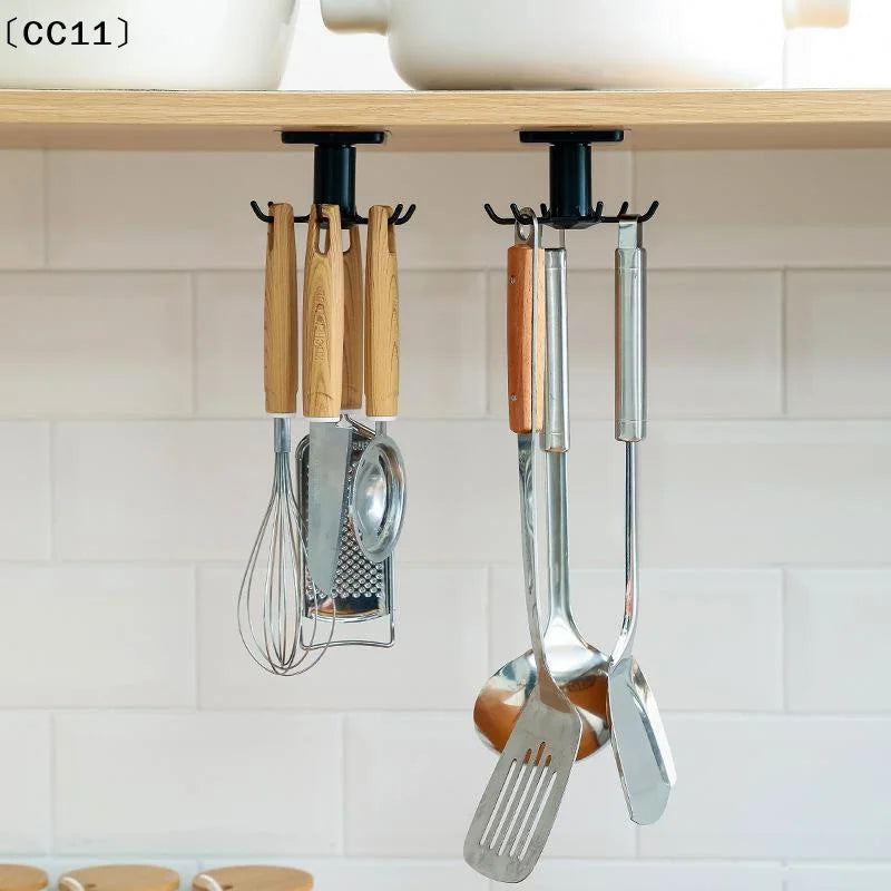 Adhesive Under Cabinet Kitchen Utensil Hanger 360 Rotation 6 Hooks Qme