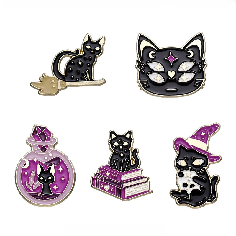 Witch Enamel Pin Punk Black White Cat Brooch Magic Hat Badge Book Wings Lapel Animal Goth Purple Crystal Jewelry Gift Wholesale Qme set