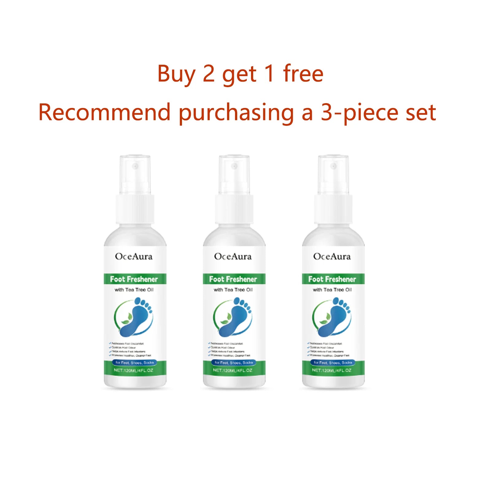 OceAura Foot Freshener Spray with Tea Tree Oil Deodorizing Sweat Absorbing Odor Eliminating Moisturizing Refreshing Foot Spray Qme 120ml x3