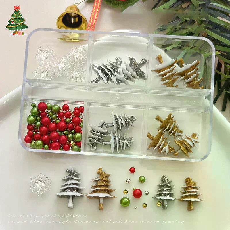 6 Grids Box Christmas Red Green Bead Snowflake Nail Rhinestone Mixed Qme