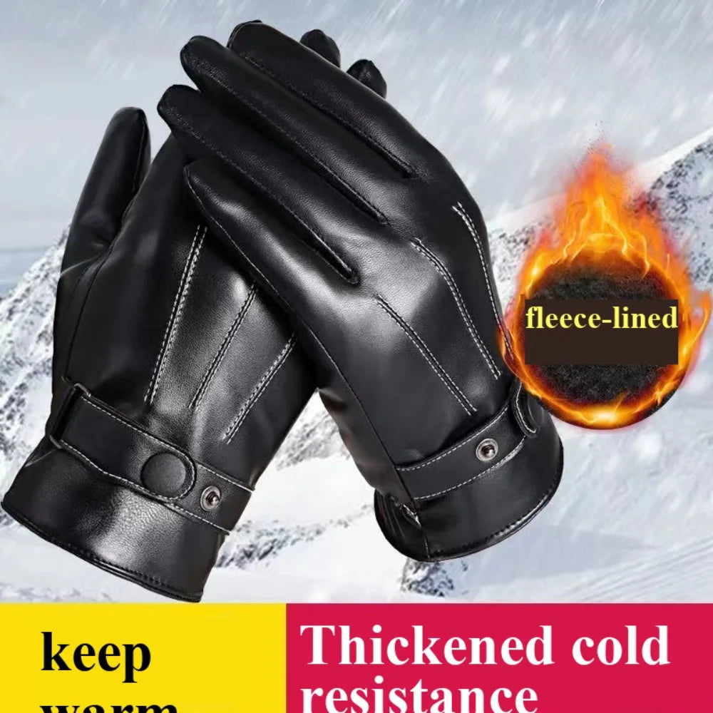 Men Winter PU Leather Gloves Touchscreen Warm Waterproof Gloves For Driving Cycling Qme